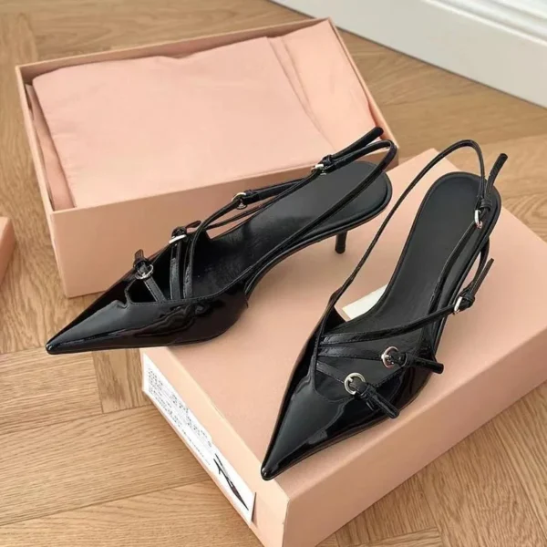 2024 Summer New High Heels, Women's Sexy Hollow Black Silk Pointed One-line Buckle Skinny Heel Sandals, Women's Shoes 2