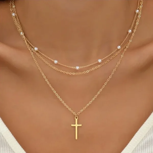 LATS Multilayer Pearl Cross Love Heart Pendant Necklaces for Women Gold Color Fashion Collarbone Neck Chain 2024 Trend Jewelry 2