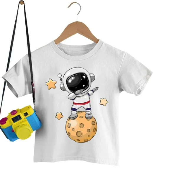 Dancing Astronaut on The Moon Print Kid T Shirt Cartoon Girls Boys T-shirt Short Sleeve Tops Funny Astronaut Child Tshirt Top 2