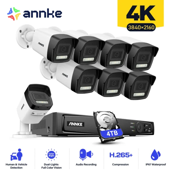 ANNKE 8CH 8MP Ultra HD PoE Network Video Security System 4K H.265 Surveillance NVR 4x8MP HD IP67 POE CCTV Bullet Cameras 1