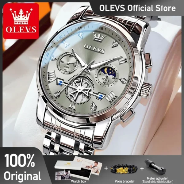 OLEVS Men's Watches Classic Multifunctional Fltwheel Chronograph Original Quartz Wristwatch Moon Phase 24 Hour Waterproof reloj 1