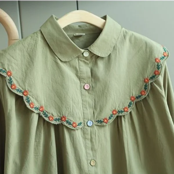 Fashion Vintage Blouses Peter Pan Collar Long Sleeve Floral Embroidery Button Shirts Spring Casual Loose Elegant Women Clothing 4