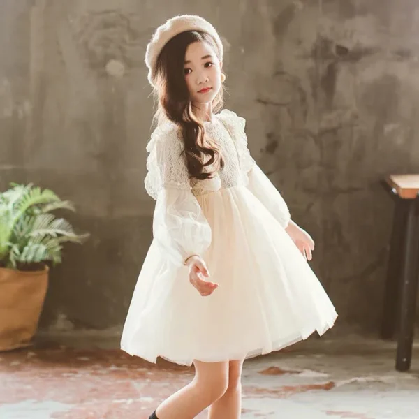 Spring Autumn Kids Girls Dresses Lantern Sleeve Lace Princess Dress Pearl Sweet O-neck Mesh Party Children's Clothing Vestidos 4